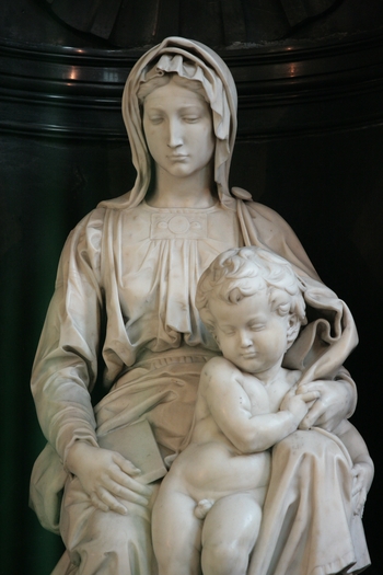 This is a closeup view of Michelangelo's sculpture Madonna and Child