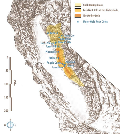 gold rush california map. Location of Major Gold-Rush