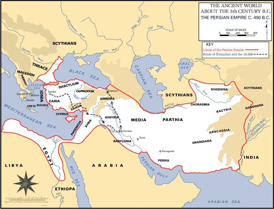This map depicts the reach of Persia's Empire in the fifth century, BC.
