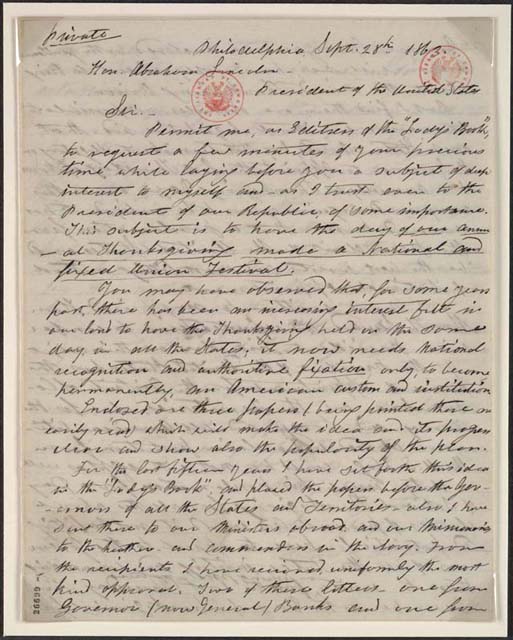 Letter from Sarah Hale to President Lincoln Requesting Thanksgiving Proclamation