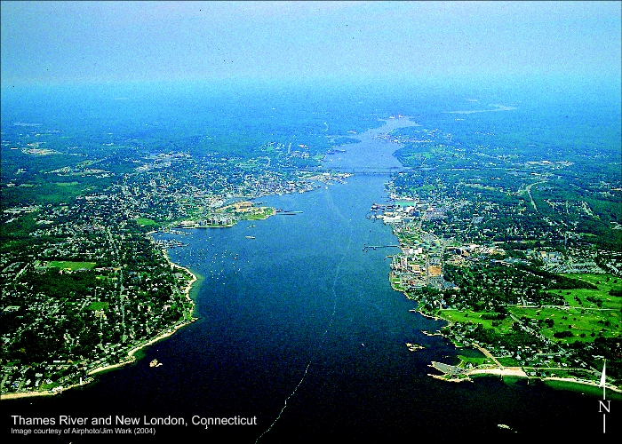 Thames River in New London, Connecticut Aerial View