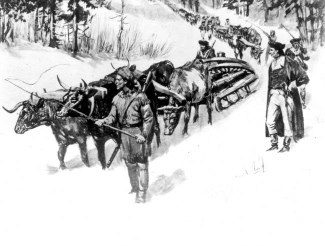 Henry Knox hauling guns by ox teams from Fort Ticonderoga to Dorchester Heights in 1776.