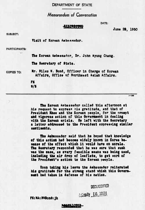 State Department Memo Korean Gratitude for the U.S. Plan