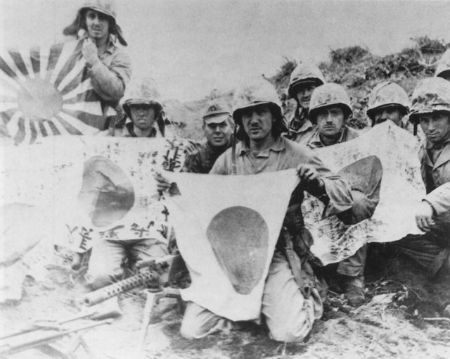 Iwo Jima Marines with Captured Japanese Flags
