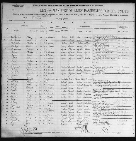 Passenger Manifest listing some of Titanic's survivors who arrived in New York aboard Carpathia on April 18, 1912